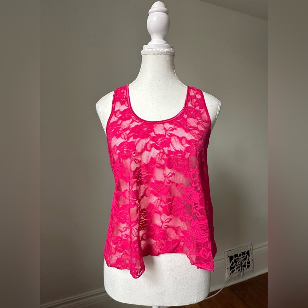 GUESS Hot Pink Y2K Lace Rave Festival Summer Tank Top Size S